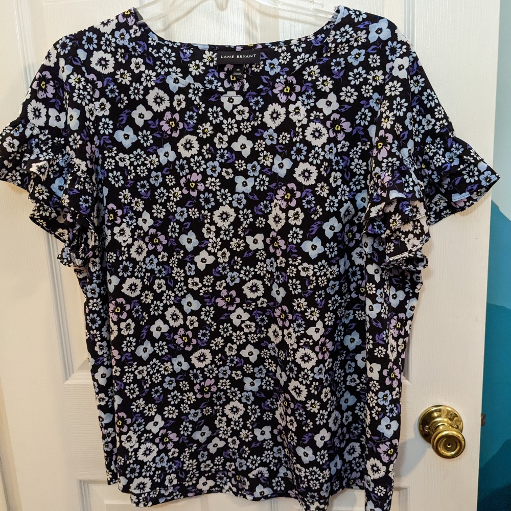 Lane Bryant Floral Ruffle Sleeve Top - Black and White